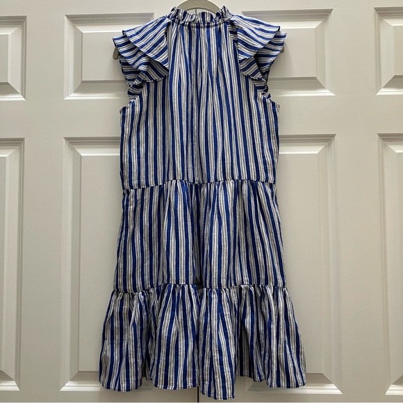 Veronica Beard Zee Dress Linen Viscose Tiered Flutter Sleeve Mini Blue Striped 4 - Picture 5 of 12